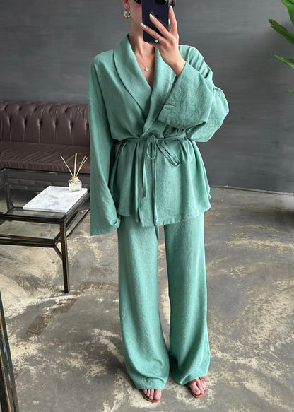 Şal Yaka Krinkıl Kimono Takım MİNT YEŞİLİ