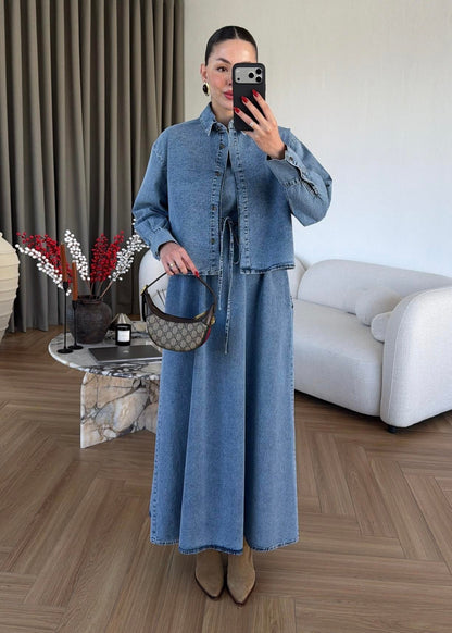 Gömlekli Elbiseli Denim Takım BUZ MAVİ