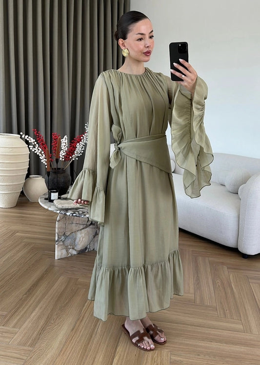 Şallı Büzgülü Elbise MİNT YEŞİLİ